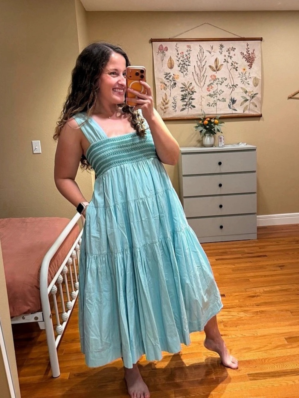 Anthropologie Helena Cotton Tiered Midi Dress in Blue Size Small